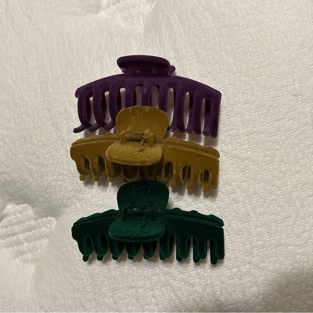 Colorful velvet covered large Hair Claw Clips Set - purple, tan, dark green
